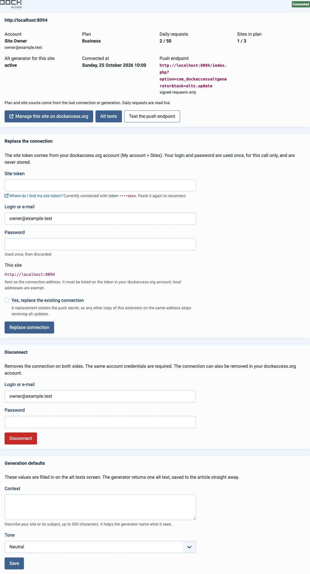 Joomla: connection and generation defaults in DockAccess AI Alt Generator. Local demonstration with example data; interface in English.
