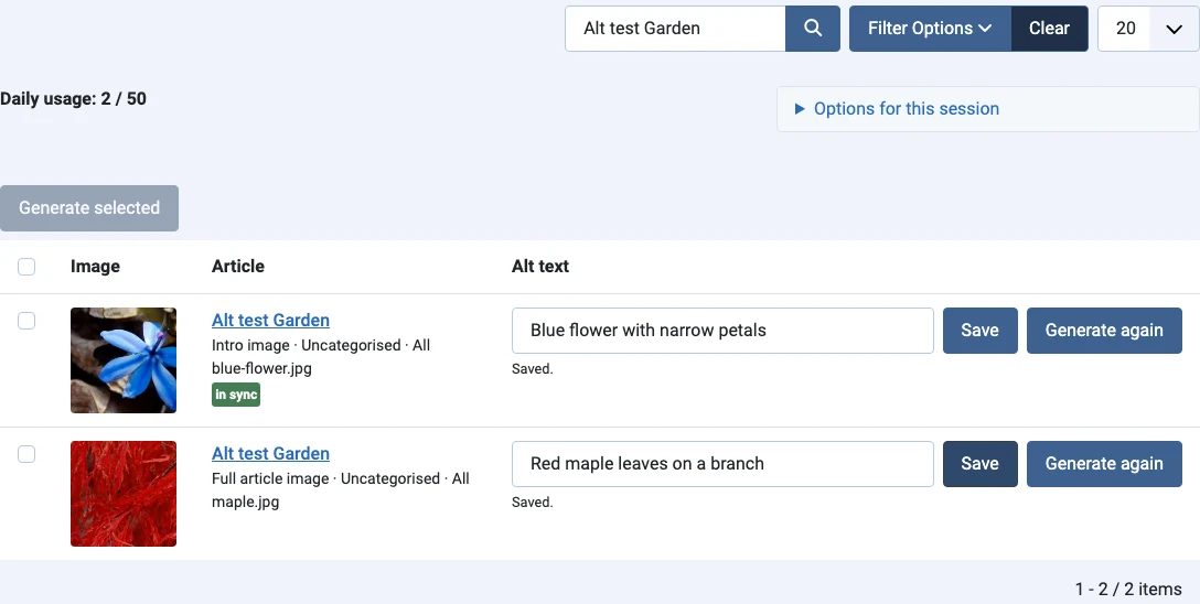 Joomla: intro and full article images, language, alt editor and generation controls. Local demonstration with example data; interface in English.