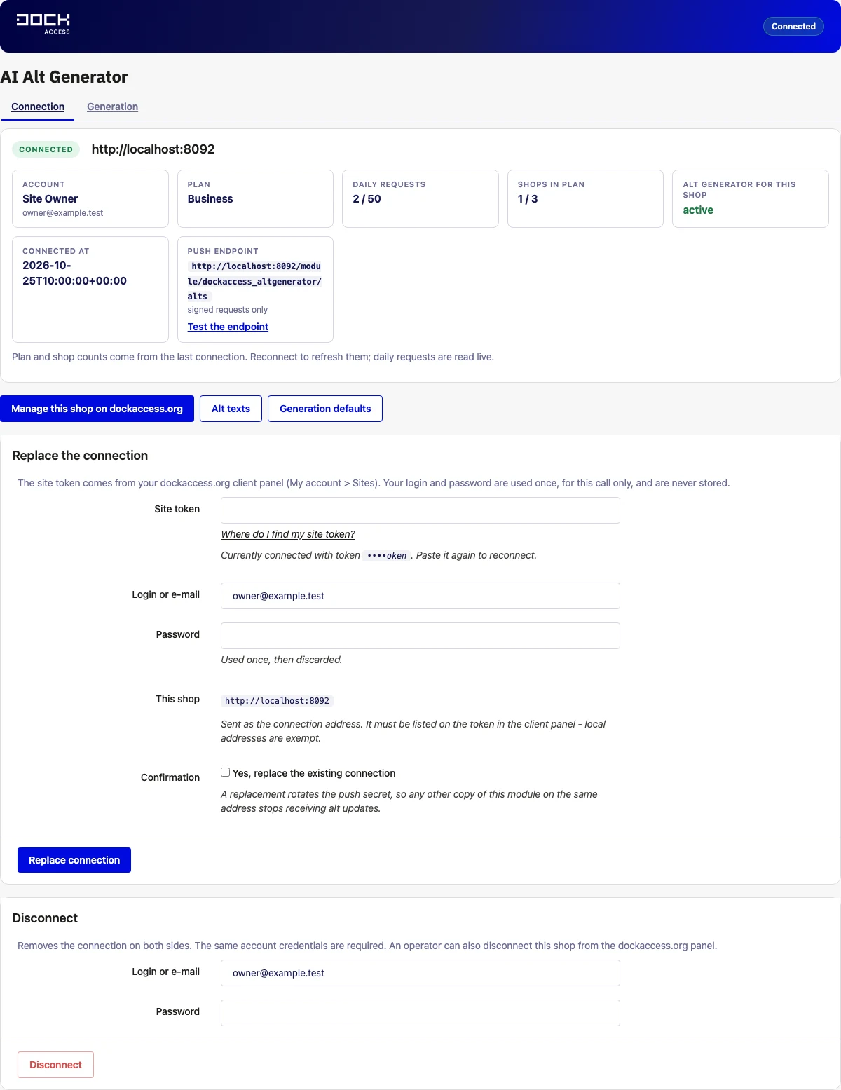 PrestaShop: connecting the shop to DockAccess in the AI Alt Generator module. Local demonstration with example data; interface in English.