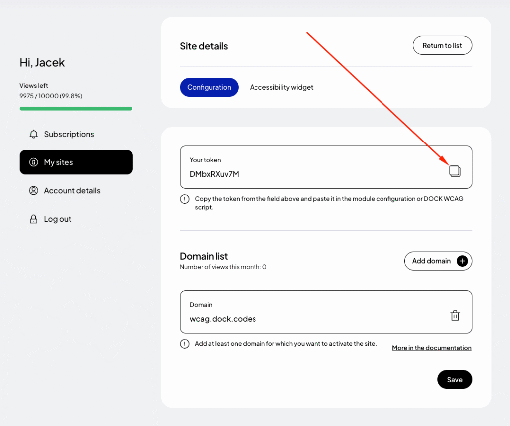 A generated site token, ready to copy