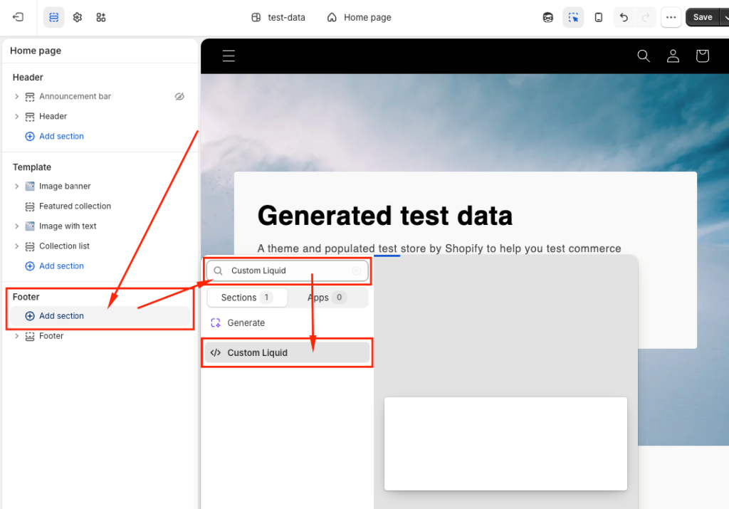 Shopify add custom liquid