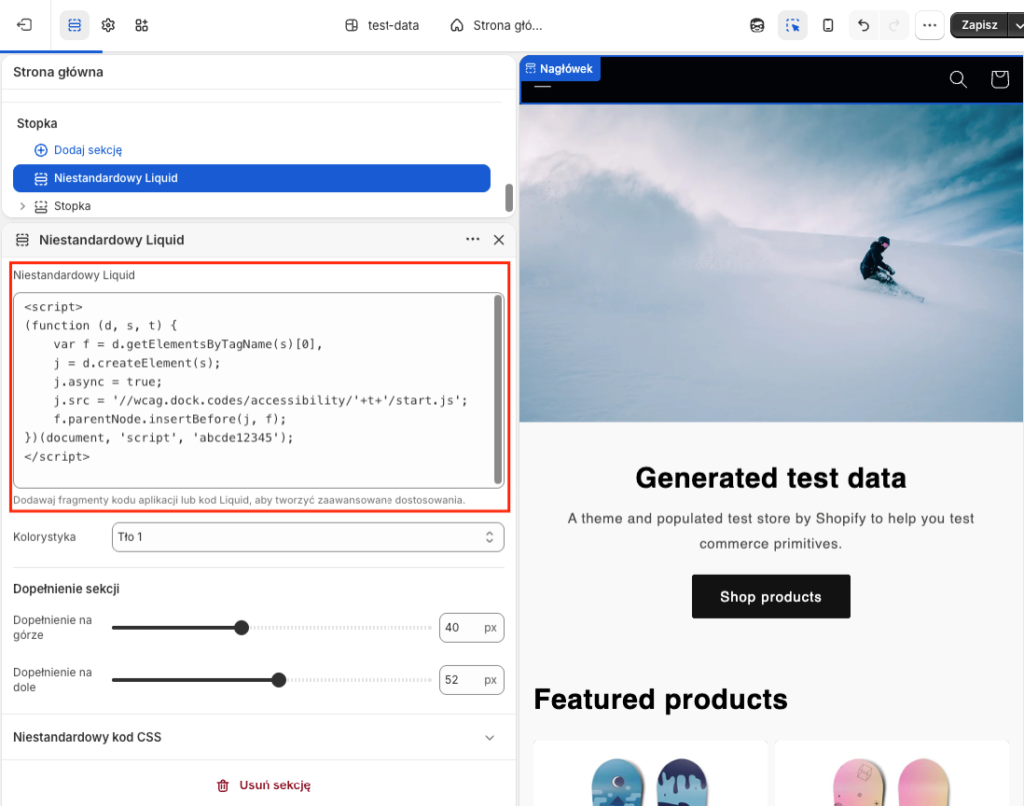 Wstawianie widżetu dostępności w Shopify